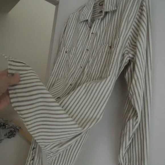 Banana Republic Shirt Size M Off White + Tan Cotton Ticking L/S - Vtg 80s Label